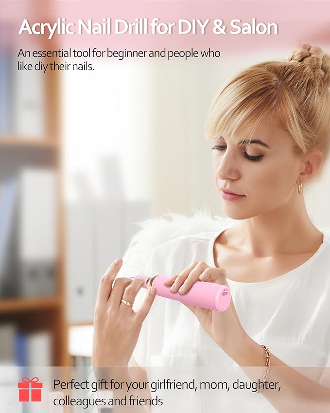 Electric Cordless Nail Drill Portable Nail Drill Machine for Gel Acrylic Nails, Rechargeable Nail File for Home Salon Electric Nail File Pink