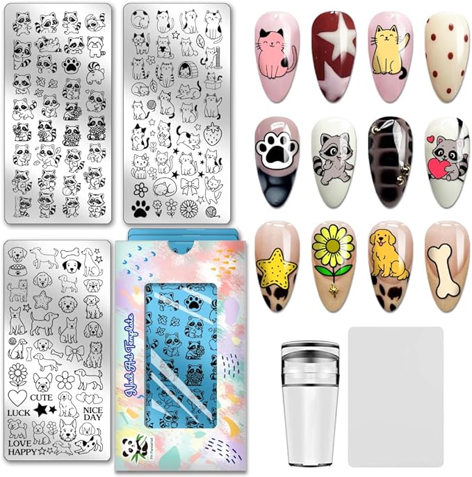 PH PandaHall 3pcs Animals Nail Stamping Plates Cute Cats Dogs Nails Art Templates Pets Raccoons Manicure Image Plates Lovely Puppy Nail Art Stencils for Women Manicures Salon Design Printing