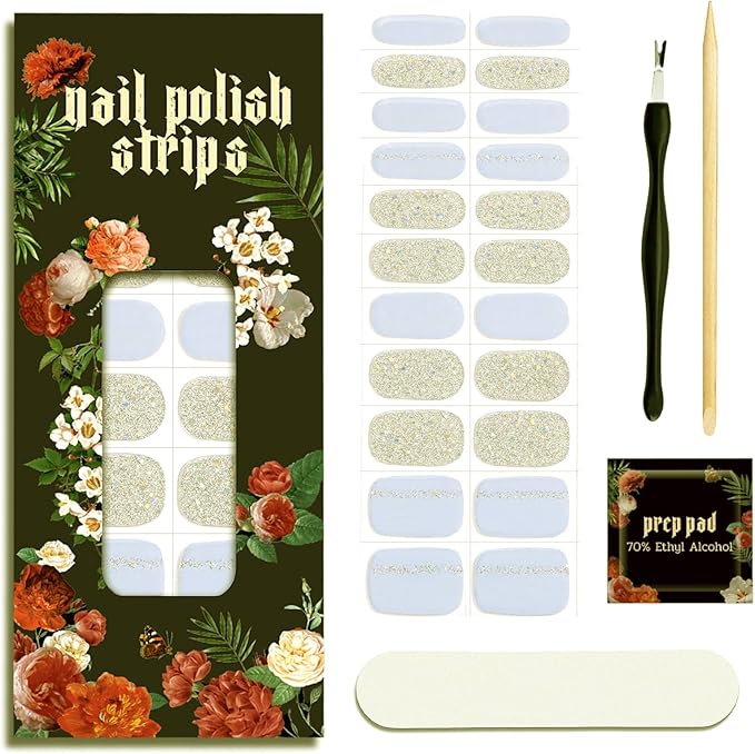 Nail Polish Strips (No UV Lamp Needed) - 22 Pcs Salon Quality Gel Nail Stickers - Long Lasting Wraps (Stardust Blue)