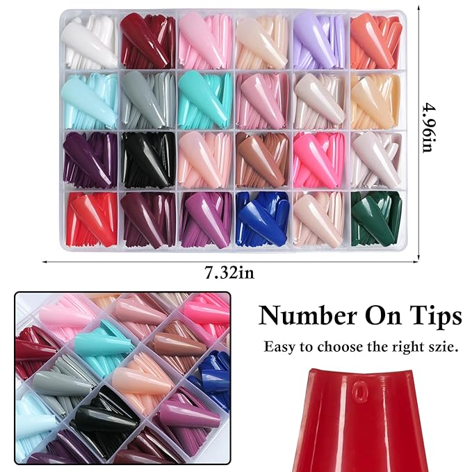 LoveOurHome 576pc Coffin Press on Nails Long Colored Fake Nails Tips Full Cover Medium Ballerina Press on Nail Acrylic Artificial False Fingernails Manicure Decor