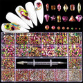 Color AB Crystal Rhinestones Set 600+2100 Pcs, Round and Multishape AB Glass Rhinestone With 1 Pick Up Pen In Clear Big Box Flat Back Crystals Gems Stones Set for Nails Clothes Face Jewelry