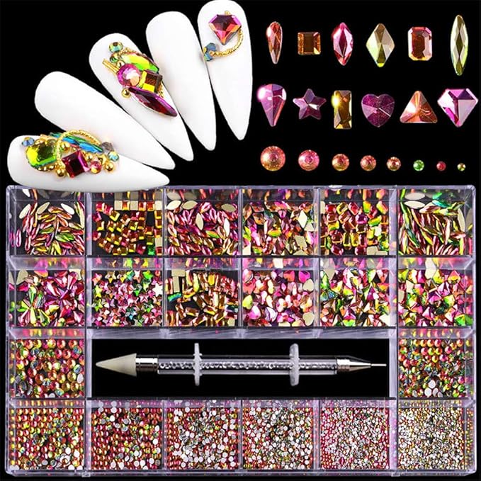 Color AB Crystal Rhinestones Set 600+2100 Pcs, Round and Multishape AB Glass Rhinestone With 1 Pick Up Pen In Clear Big Box Flat Back Crystals Gems Stones Set for Nails Clothes Face Jewelry