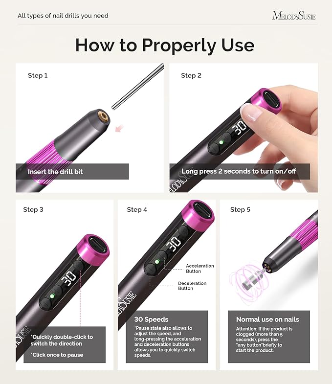MelodySusie Pen-Shaped Ultra-Slim Cordless Nail Drill,PM180G 30000RPM Portable Rechargeable Electric File with Rotary Lock Design for All Manicure,Shaping & Acrylic Gel Removal for Advanced Home Use