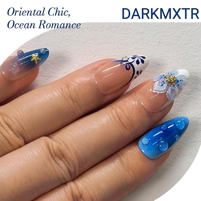 3D Blue Floral Press on Nails (30 Pcs) - Long Almond Fake Nails with Handmade Flower & Glazed Design,Easy Application Manicure Set for Work, Party & Daily Use, Perfect for Women