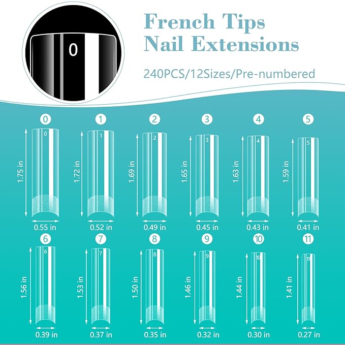 240PCS No C Curve Clear nail tips for Acrylic Nails Professional, XL Extra Long Square Flat, Half Cover Straight Tapered Square French Fake nail tips for Nail Salons Home DIY 12 Sizes