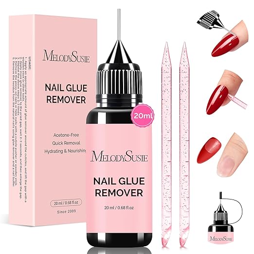 MelodySusie Nail Glue Remover for Press on Acetone Free Nail Polish Remover Multi-Functional Remover for Nails Tips Gentle Glue Remover for Gel x Nails for Home Salon 20ML