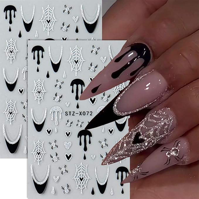 8 Sheets Black Halloween Nail Art Stickers Decals Spider Web Nails Sticker with Rhinestones Design Skeleton Blood Drop French Tip Nails Decals Self-Adhesive Butterfly Nail Art Decal Halloween Decor