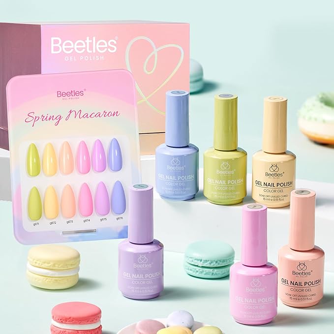 beetles Pastel Gel Polish Set - Spring Macaron Collection, 6 Colors 15ML Pastel Colors Easter Gel Polish with Color Swatch, Soak Off UV LED Spring Nail Art Kit for Women