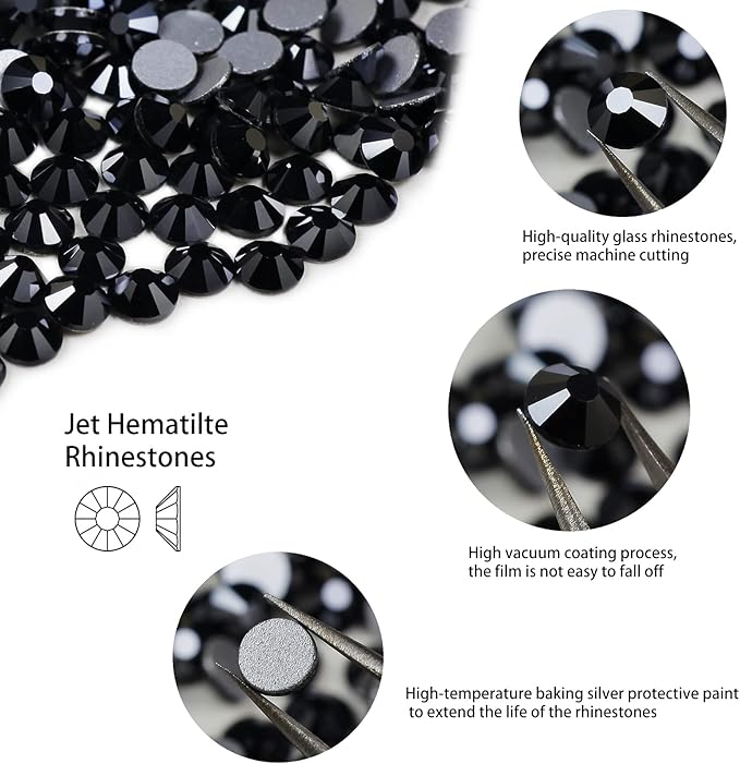 Genie Crystal ss20 1440 Pcs Jet Hematite Flatback Rhinestones,5mm Bling Black Glass Rhinestones Glue Fix Stone for Tumbler, Shoes,Clothes,Makeup,Nail Art,DIY Crafts