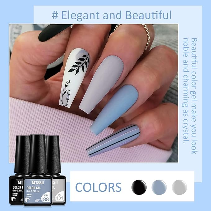 MTSSII Grey Gel Nail Polish Set 8 Colors, Gray Tone Dark Cloud Stone Seal Iron Fossil Shades Collection Black Glitter Sliver Nail Polish for Fall Winter Nail Art Kit Design Soak Off Manicure Gift