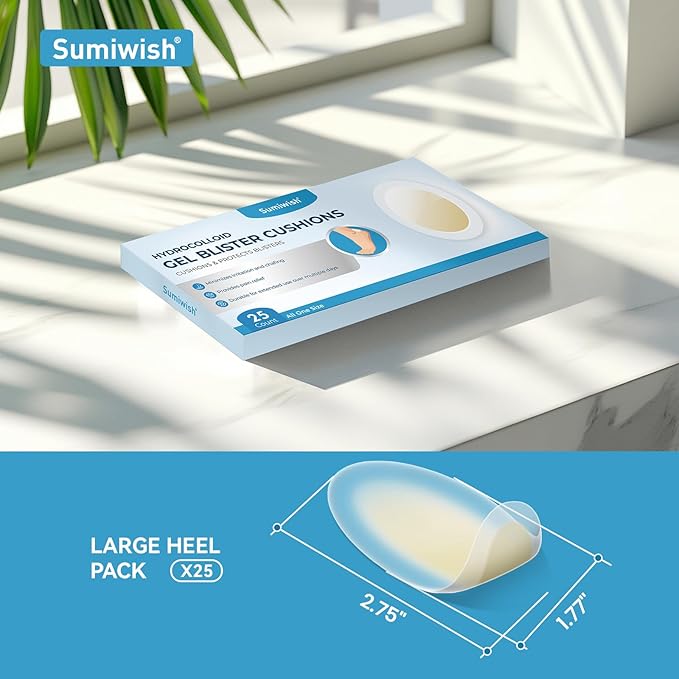Sumiwish Blister Bandages - 25 ct - Hydrocolloid Pads for Faster Healing - Waterproof, Durable & Grab-N-Go Design - for Toes, Heels & Fingers(Heel Pack)