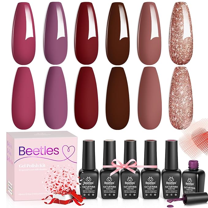 Beetles Gel Nail Polish Set Plum Burgundy Red Brown Glitter 6Pcs Gel Polish Kit Soak Off UV LED Nail Lamp Art Manicure Salon DIY Home Gifts for Women Silent Flower