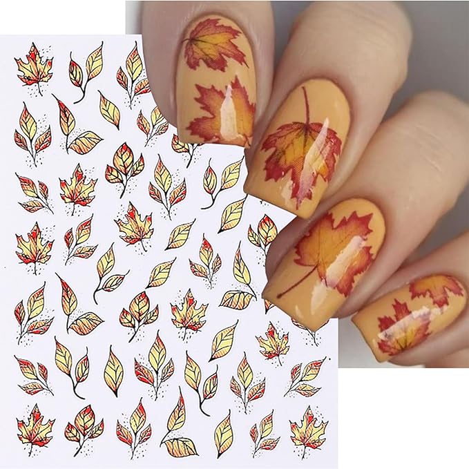 Fall Nail Stickers - Autumn Withered Maple Self-Adhesive 3D Nail Decals for Women Girls DIY Thanksgiving Day Leaves Vein Manicure (4 Sheets)