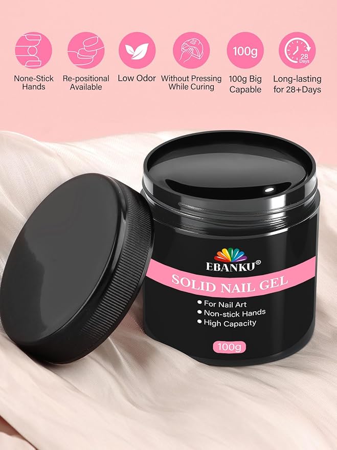 100g/3.5oz Solid Nail Glue Gel for Press On Nails, EBANKU Nail Glue Soft Gel for Fake Nail Tips, UV Light Cure Nail Art DIY Salon Home Beginner