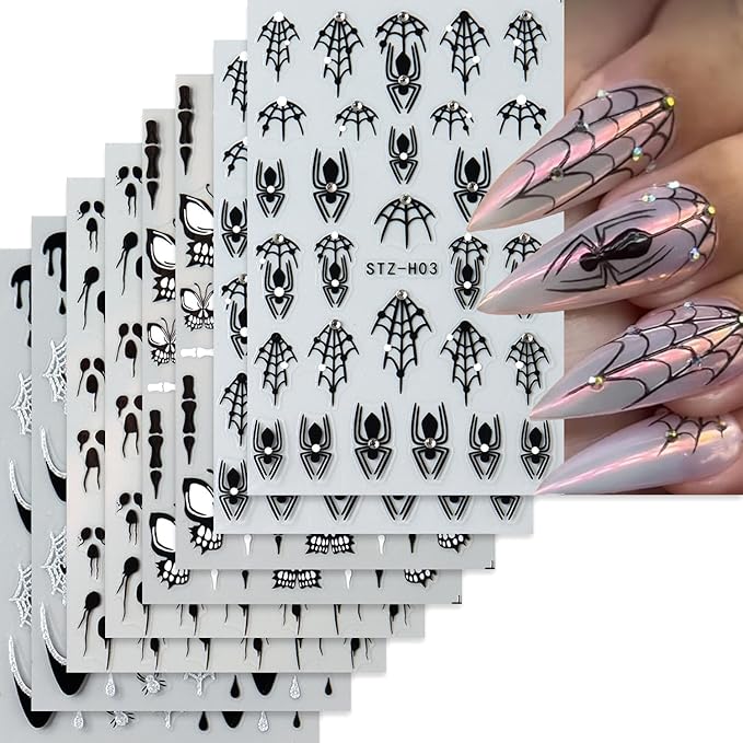 8 Sheets Black Halloween Nail Art Stickers Decals Spider Web Nails Sticker with Rhinestones Design Skeleton Blood Drop French Tip Nails Decals Self-Adhesive Butterfly Nail Art Decal Halloween Decor