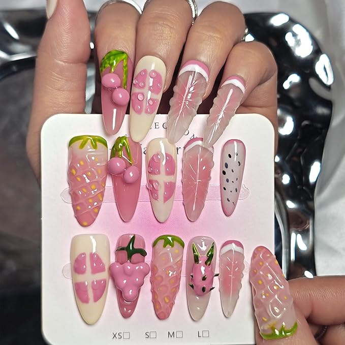 Handmade Acrylic Press On Nails Almond, Long Almond Press On Nails 3D Design, 3D Fruit Strawberry Nails For Women Gift, Reusable Stick On Fake Nails Kit With Nail Glue(Strawberry Fruit Feast-M)