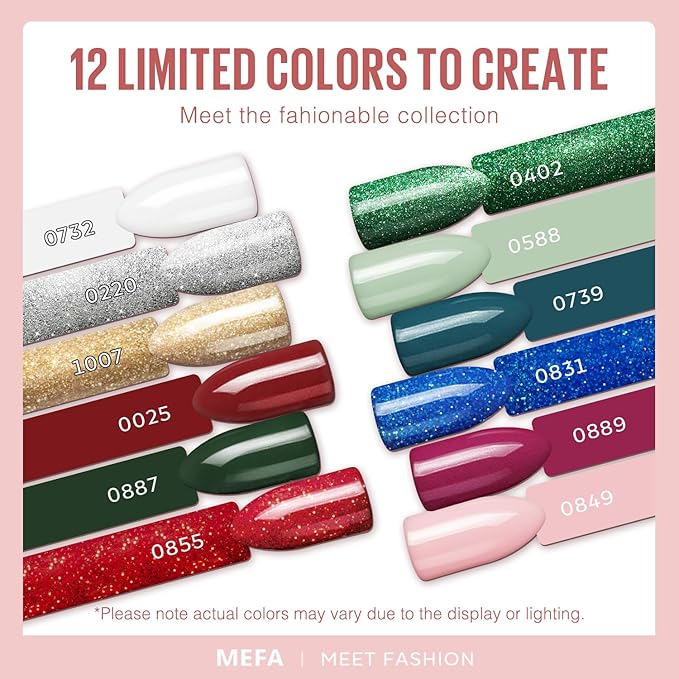 MEFA Gel Nail Polish Set Limited Edition, 12 Colors Burgundy Red Dark Green Glitter Gel Polish Winter Silver Gold Sparkle Nail Polish Manicure Soak Off Salon Christmas Gifts for Women Girl