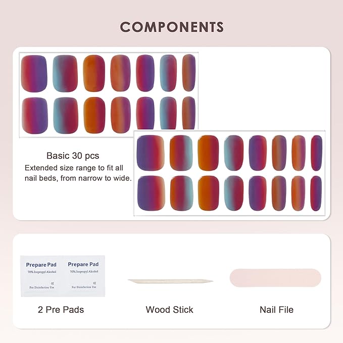 Semi Cured Gel Nail Strips – Real Gel Nail Polish Wraps | Waterproof Long Lasting Easy Peel-Off Removal | Hema-Free | Autumn Pastel Ombre Salon Kit with File & Stick