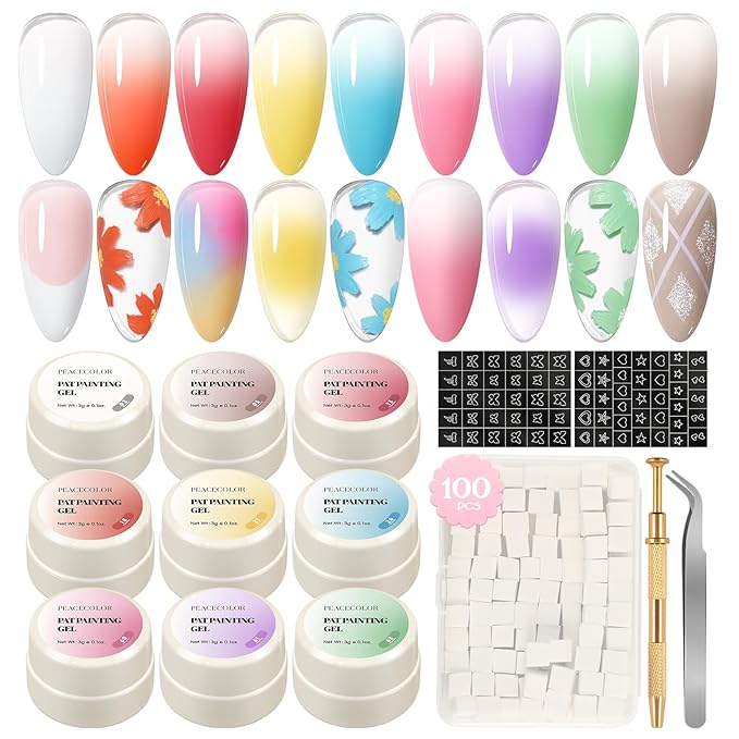 PEACECOLOR Patting Gel Polish 9 Bright Colors Pat Pat Gel Nail Polish with 100PCS Nail Sponges French Manicure Soak Off U V Set Home DIY Beauty Gift Sets
