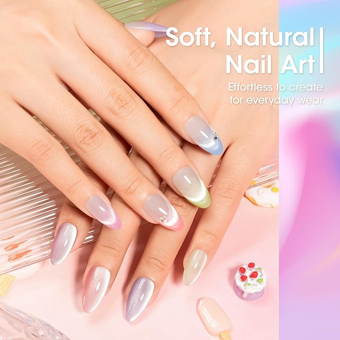 GELLEN Jelly Pastel Gel Nail Polish Set, Glass Cat Eye Gel Nail Polish with Magnets Translucent Sheer Jelly Red Pink Purple Blue Green, Long Lasting for Salon Nail Art at Home