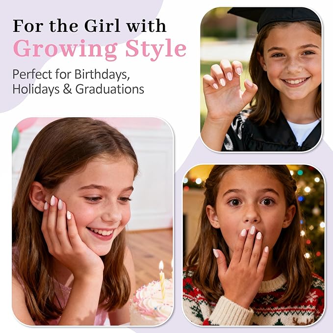 16 Sizes Press on Nails Kit for Kids - 32 Pieces French Almond Fake Nail Tips for Girls 8-12 Years Old with Jelly Nail Adhesives & No-Lamp Nail Glue, Birthday Christmas Gift