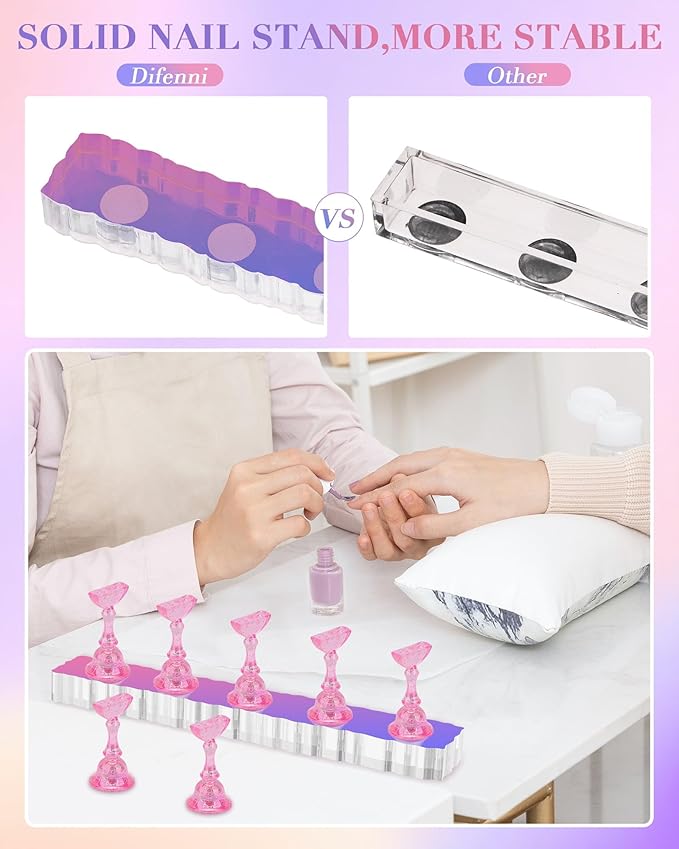 Nail Stand Acrylic Nail Art Display Stand Magnetic Nail Tips Practice Holder 54 Pcs Reusable Adhesive Putty for DIY Painting Nails Stand kit (Aurora Pink A)
