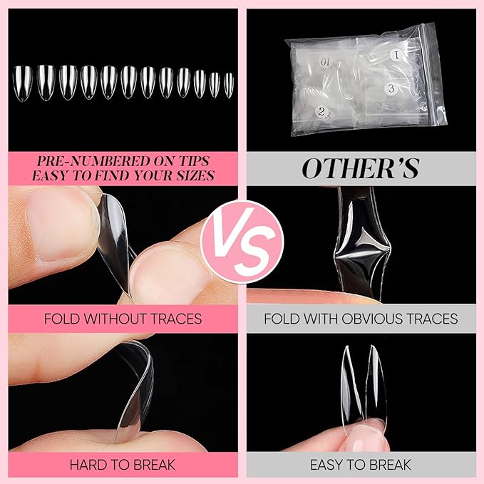 AIMEILI Medium Stiletto Nail Tips, 504pcs Half Cover Short Gel Nail Tips Clear Fake Nails for Nail Extension DIY Nail Salon, 12 Sizes