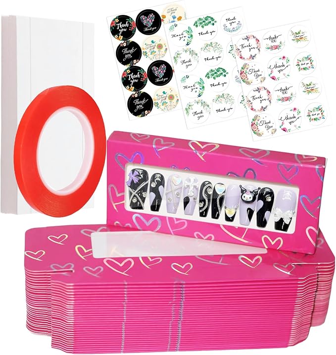 74PCS Press on Nails Packaging Box Set Includes 35PCS Empty Nail Package Box 35PCS White Background Paper 1 Double Sided Tape and 3 Thank You Stickers for Press on Nail Business