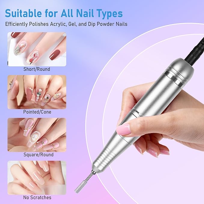 Portable Electric Nail Drill Professional 45000 RPM, Rechargeable Electric Nail File Machine Kit for Acrylic Gel Nails Polishing Removing, Quiet E-File with Bits for Manicure Salon Home