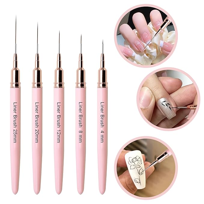 5Pcs Premium Nail Art Brushes Kit - Slim Detail/Dotting/Liner Tools for Acrylic, Gel & Designs (4/8/12/20/25mm) - Salon Quality Pink Set