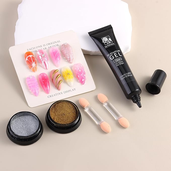 3D Gel Nail Art & Chrome Nail Powder Kit, 15g Clear Sculpting Gel No Wipe Molding Gels Glue with Gold Silver Metallic Mirror Effect Chrome Powder Manicure DIY Salon Home Use