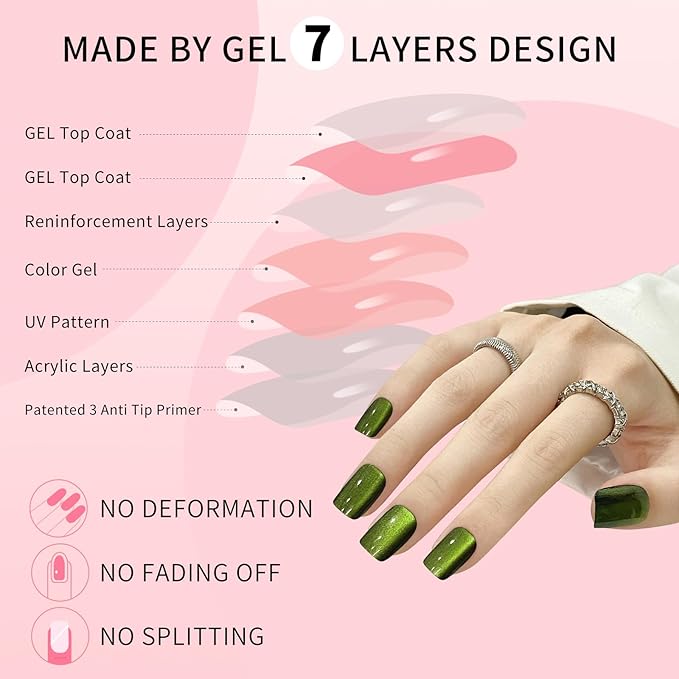 Green Cat Eyes Press On Nails,12 Sizes - 24 Pcs Soft Gel Green Medium Square Fake Nails Kit with Nail Glue, Natural Reusable Stick On False Nails for Women and Girls (Skycloud Nails) SK0925