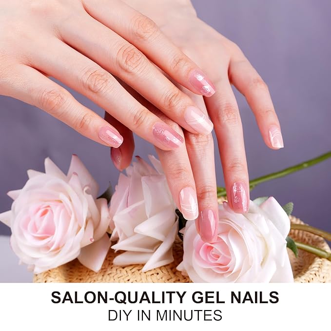 DANNI & TONI Semi Cured Gel Nail Strips Floral (Petal Kiss) Pink White Ombre Gel Nail Wraps 28 Stickers