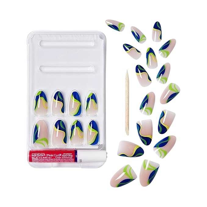 GoldFinger 24 Pcs Press On Nails, Medium Almond Fake Nails, Abstract Neon Gel Stick On Extensions, Reusable Full Cover False Nail Kit with Glue, Manicure Stick & File, 7 Day Long Lasting Wear