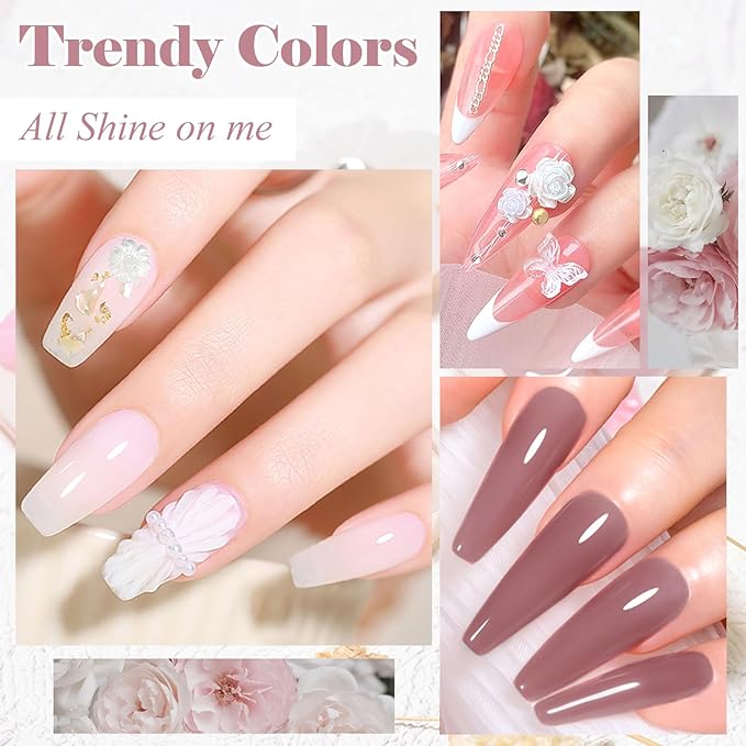MEET ACROSS All-in-One Extension Mini Kit Non-Sticky Builder Gel Starter Kit WIth Base & Top Coat/Dual-Silicone Pen/Pro File/20-Pc Reusable Dual Forms Salon-Grade Extensions (Clear+White+Glitter+Nude)