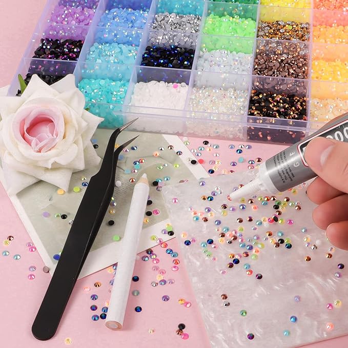 28 Colors Resin Jelly Rhinestones for Bedazzling, 3mm 26000Pcs Flatback Gems for Crafting, Bedazzling Kit with B7000 Glue for Clothing Shoes Nail Book Diamond Art