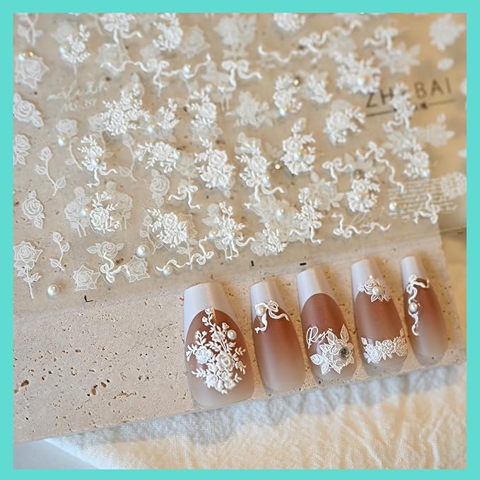 White Rose Flower Nail Art Stickers, Rhinestones Pearl Nail Decals, Self-Adhesive, Nail Accessories for Women, Nail Decorations 3 Sheets