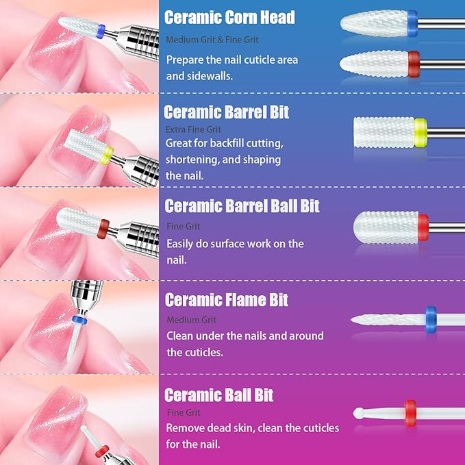 25Pcs Nail Drill Bits Set: 3/32 Tungsten Carbide Ceramic Diamond Cuticle Safety Professional Drill Bits Nail Tech with Pink Holder Case & 50Pcs Sanding Bands for acrylic gel Remover Manicure Pedicure