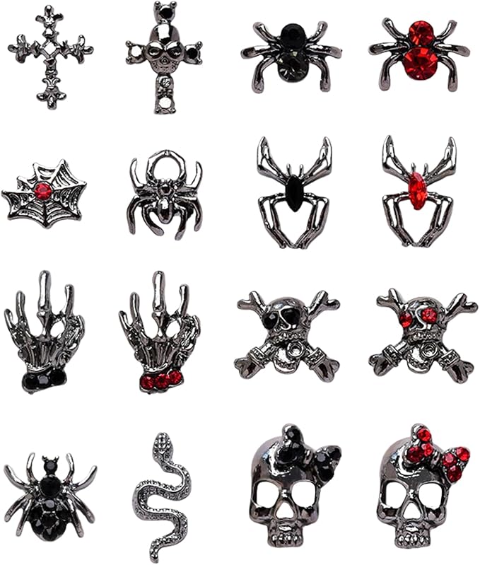 Halloween Nail Charms,32pcs Ghost Head Skull Hand Spider Web Nail Gems with Rhinestones,Retro Skeleton Spider Cross Gold Silver Alloy Nail Art Decorations for DIY Halloween Nail Design (Mixed C)