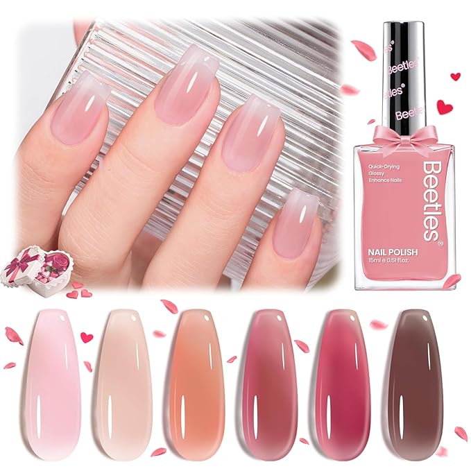 Beetles Jelly Nail Polish Set, 6 Colors Sheer Pink Nail Polish Long Lasting & Quick Dry Clear Jelly for Valentines Women, Pink Nail Strengthener Polish for Salon DIY Manicure Set