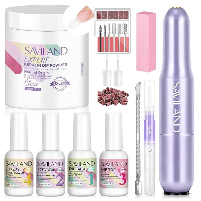 SAVILAND Clear Dip Powder Nail Kit with Electric Nail Drill: 60g/2.1oz Clear Dipping Powder for Nails with Dip Nail Liquid Set Base Activator and Top Coat Brush Saver Builder Repair Kit Home Manicure