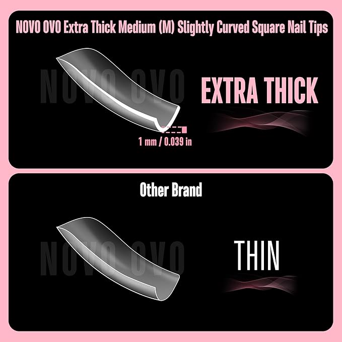 NOVO OVO Halloween Medium Slightly Curved Nail Tips Press on Full Cover, Thick Square Eagle Claw Hawk Curve Gel x Acrylic Fake Nails Extension kit, Clear Pre-etched French False Nail x 15 Sizes 240pcs