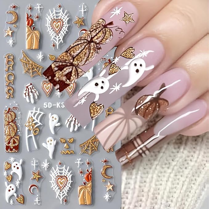 5D Halloween Nail Stickers Embossed Nail Art Decals Cute Ghost Pumpkin Stars Moon Clown Spooky Hand Skeleton Fall Design Self-Adhesive Supplies DIY Holiday Manicure Decoration for Women 4 Sheets
