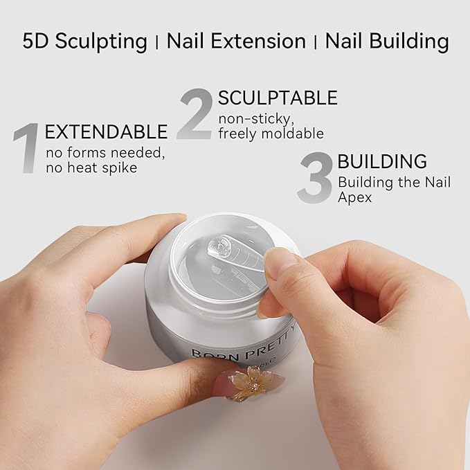 BORN PRETTY Builder Gel for Nails,2PCS Clear & White 3D Solid Hard Gel for Sculpting & Extension, Non-Stick U V Soak Off Gels for Carving Patterns,Salon & Home DIY Manicure