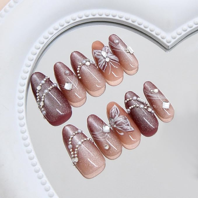 Medium Press on Nails Almond Fake Nails Brown False Nails Ombre Artificial Nails Glitter Acrylic Nails Press ons with Butterfly and Rhinestones Designs Sparkly Stick on Nails for Women 24pcs