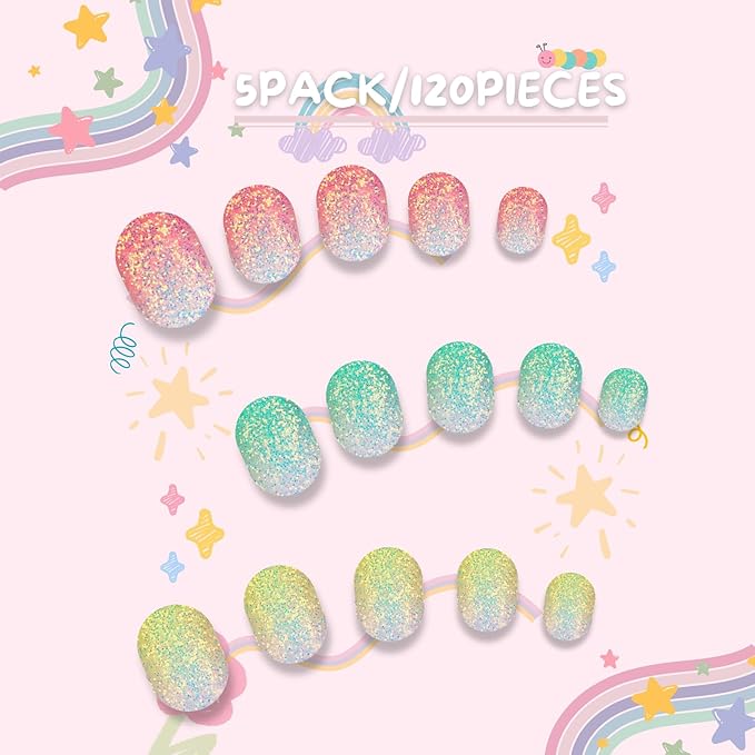 120pcs Girls Press on Nails for Kids - Children Short Fake Artificial Nails,Glitter Kids False Sticky Nails with Nail Glue Tabs