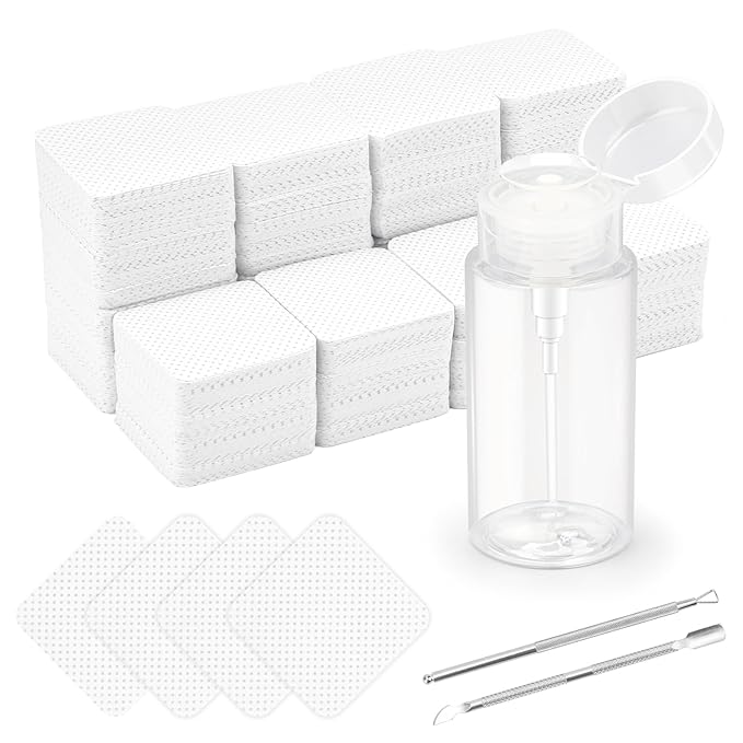 1080 + 3 Pcs Lint Free Nail Wipes Kit, Disposable Nail Polish Remover Pads Non-Woven Nails Eyelash Extensions Wipes, Nail Polish Remover Wipes with 200 ML Bottle, 2 Pcs Cuticle Pusher (White)