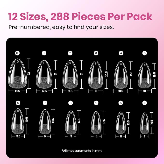 Beetles Gel Nail Kit Etch-X, Almond Short, 288pcs 12 Sizes Nail tips, with 10ml Hema-Free Nail Glue Gel, Glue on Nails for Acrylic Press On Nail, Pre-Etched Half Matte Extension Set for Home DIY