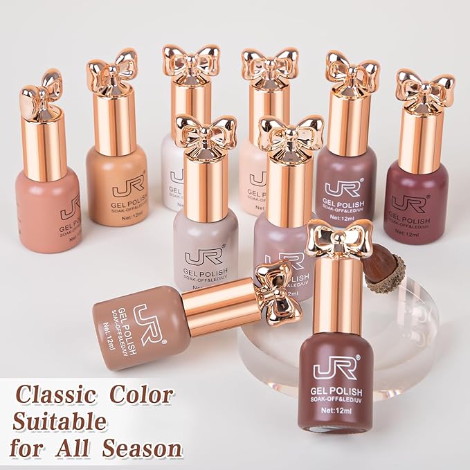 JR Gel Nail Polish 10pcs 0.4oz Nude Brown Gel Polish Color Long Lasting Soak off Gel Polish Nail Art Manicure Salon DIY Nail Gifts for Women B Set