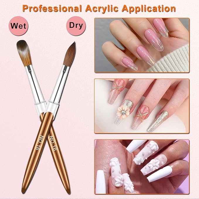 Acrylic Nail Brush Set, 4pcs Size 8/10/12/16 Professional Nail Art Brush for Acrylic Powder Application, 3D Carving, Nail Art Extension for DIY Home Salon Nail Art Manicure Brush Tool